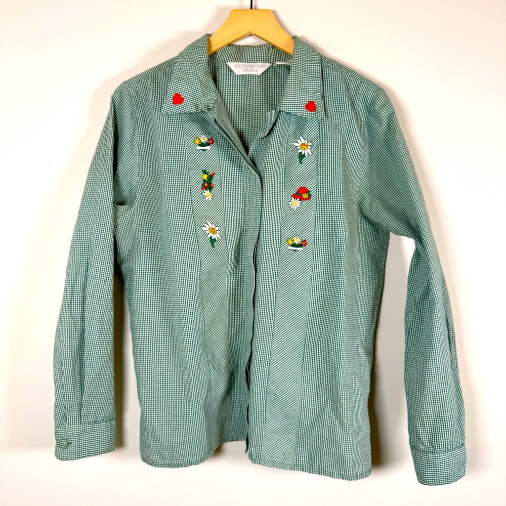 Stonybrook Micro Plaid Floral Embroidered Hidden Button Up‎ Down Shirt Top 10